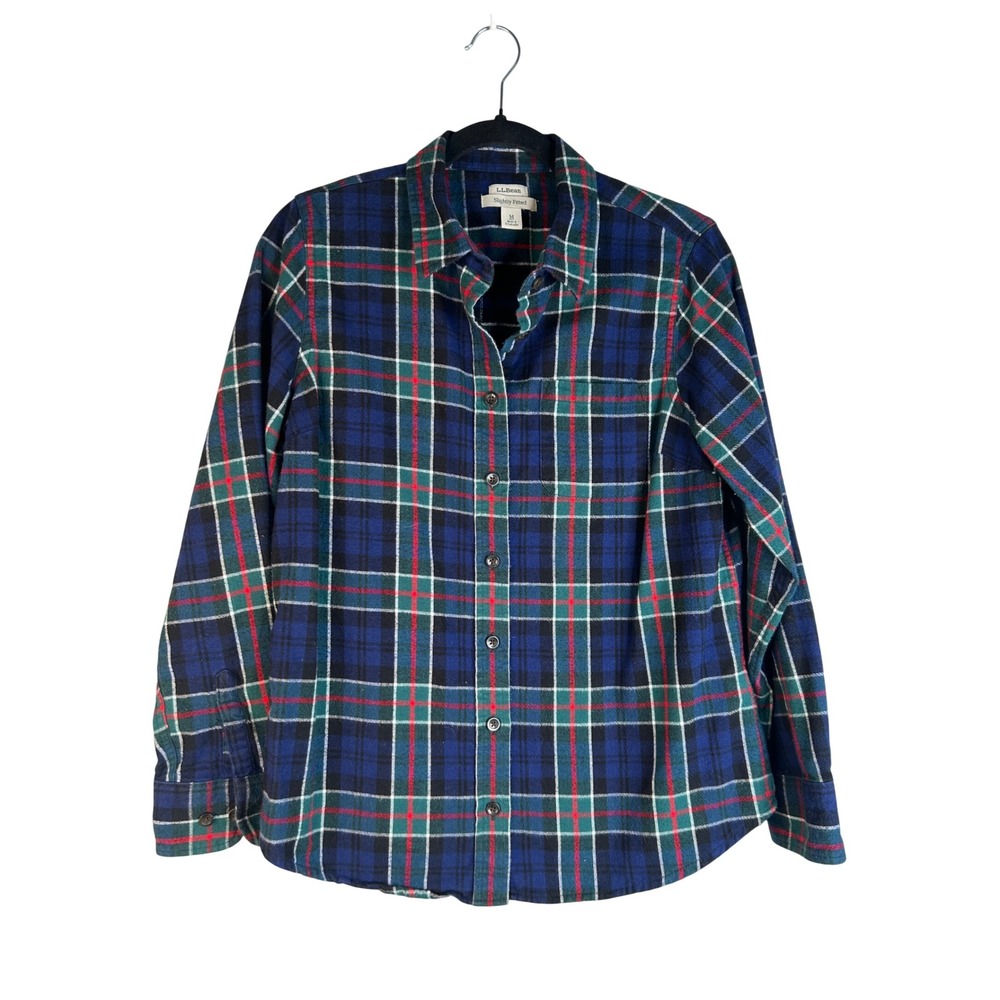 LL Bean Women's‎ Blue Plaid Slightly Fitted Cotton Flannel Shirt Medium Petite